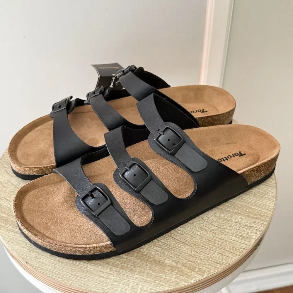 NWT Torotto Mens Slides with Cork Footbed Open Toe Flat Sandals,Black, Size 44